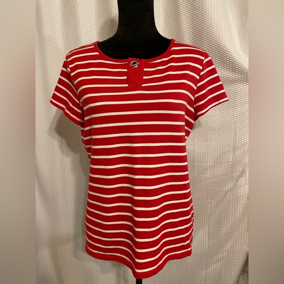 Passports Red & White Striped Short Sleeve Blouse Size Large - Picture 1 of 6